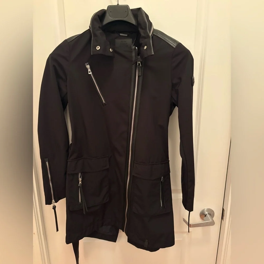 RUDSAK Moira Black Belted Jacket Hidden Hood Leather Trim Size XS - Picture 2 of 16